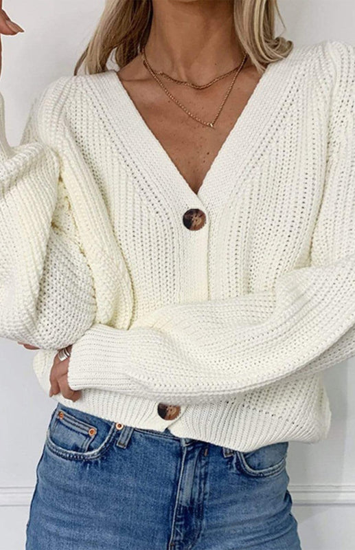 Solid V-Neck Lantern Sleeve Button Knit Cardigan kakaclo
