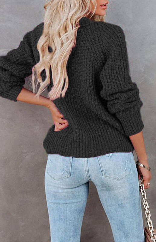 Solid V-Neck Single Breasted Long Sleeved Sweater kakaclo
