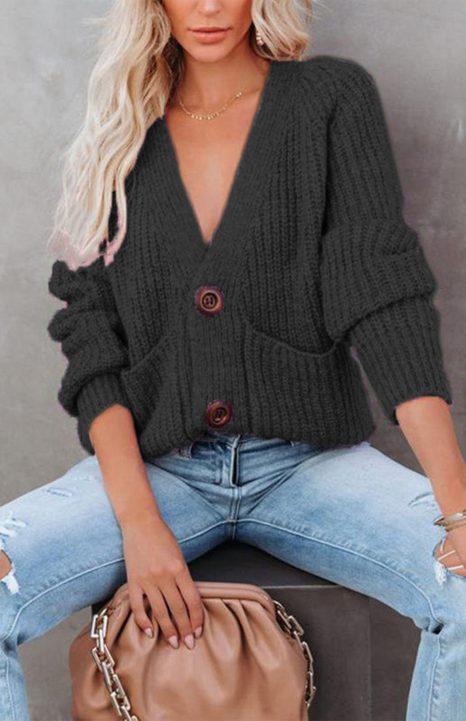 Solid V-Neck Single Breasted Long Sleeved Sweater kakaclo