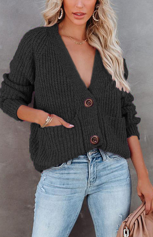 Solid V-Neck Single Breasted Long Sleeved Sweater kakaclo