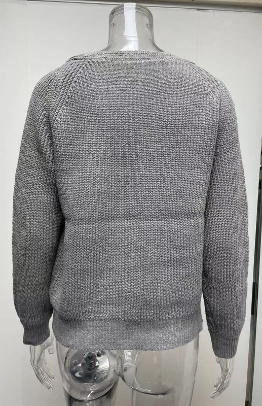 Solid V-Neck Single Breasted Long Sleeved Sweater kakaclo