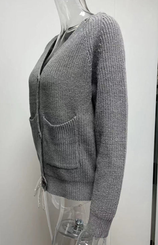 Solid V-Neck Single Breasted Long Sleeved Sweater kakaclo