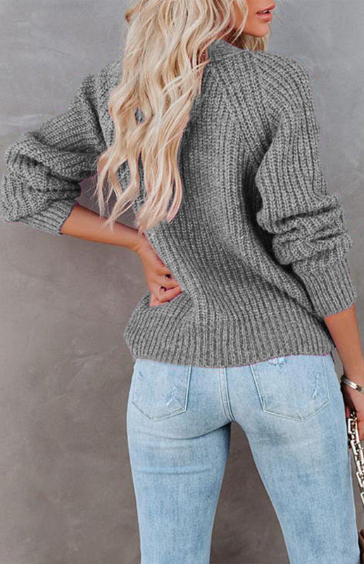 Solid V-Neck Single Breasted Long Sleeved Sweater kakaclo