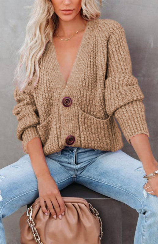 Solid V-Neck Single Breasted Long Sleeved Sweater kakaclo