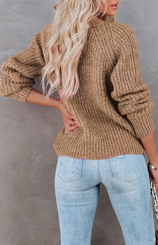 Solid V-Neck Single Breasted Long Sleeved Sweater kakaclo