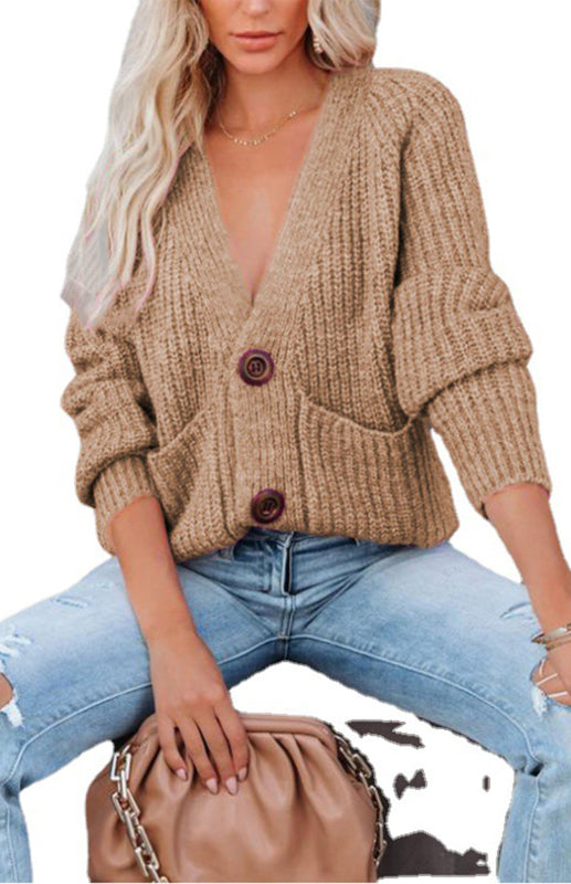 Solid V-Neck Single Breasted Long Sleeved Sweater kakaclo