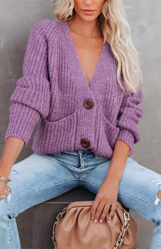 Solid V-Neck Single Breasted Long Sleeved Sweater kakaclo