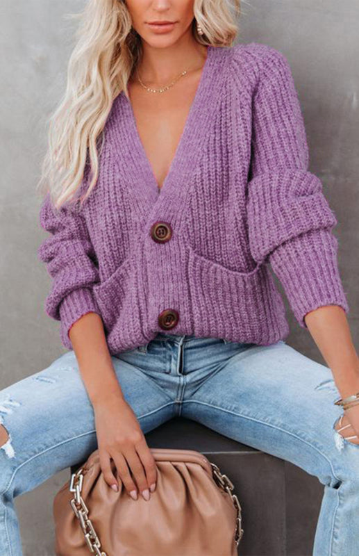 Solid V-Neck Single Breasted Long Sleeved Sweater kakaclo