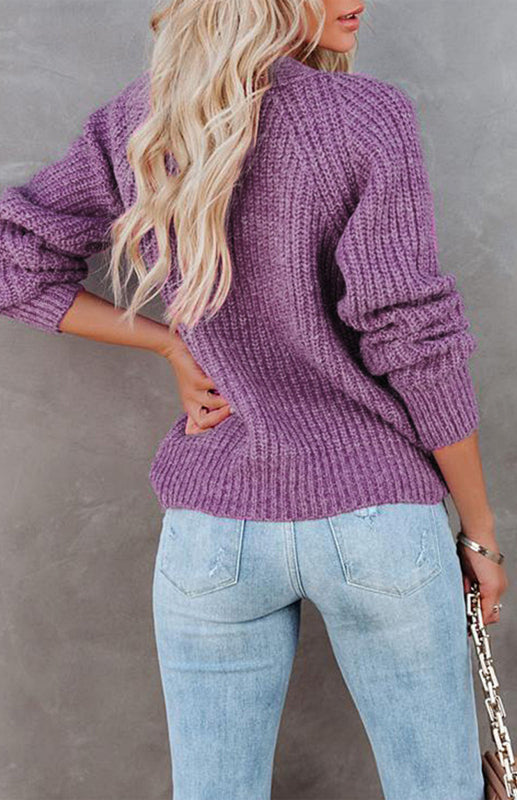 Solid V-Neck Single Breasted Long Sleeved Sweater kakaclo