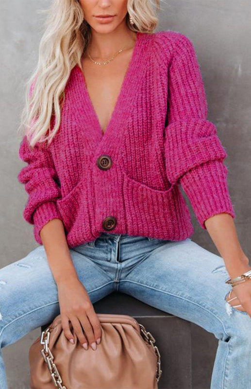 Solid V-Neck Single Breasted Long Sleeved Sweater kakaclo