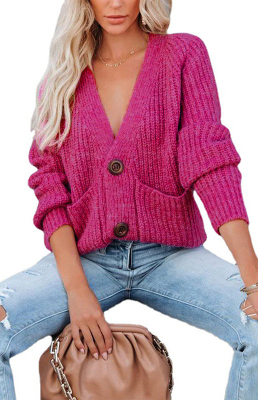 Solid V-Neck Single Breasted Long Sleeved Sweater kakaclo