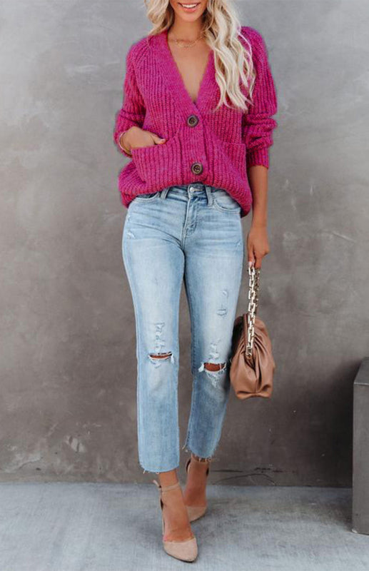 Solid V-Neck Single Breasted Long Sleeved Sweater kakaclo