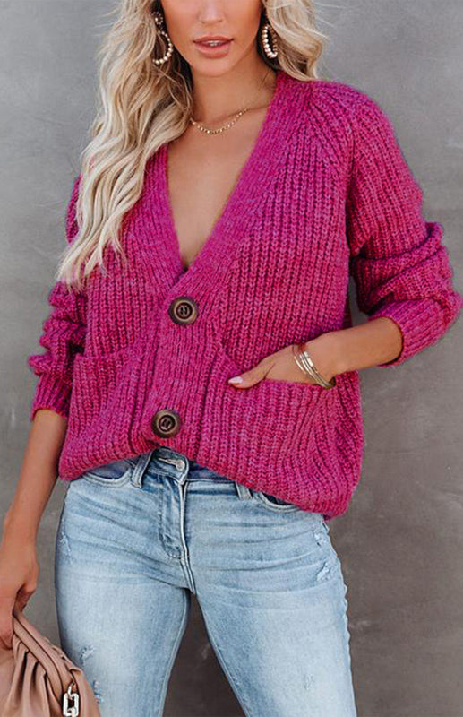 Solid V-Neck Single Breasted Long Sleeved Sweater kakaclo