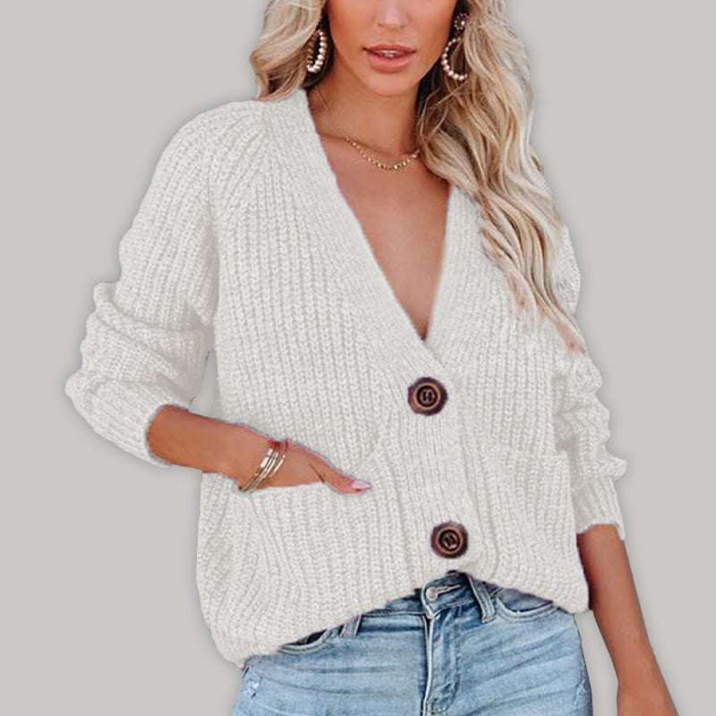 Solid V-Neck Single Breasted Long Sleeved Sweater kakaclo