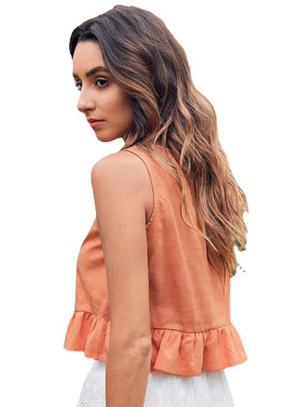 Women's sleeveless lotus leaf edge hem pure color round neck top kakaclo