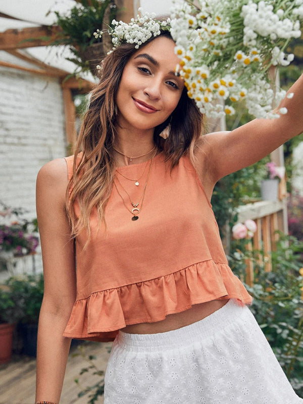 Women's sleeveless lotus leaf edge hem pure color round neck top kakaclo