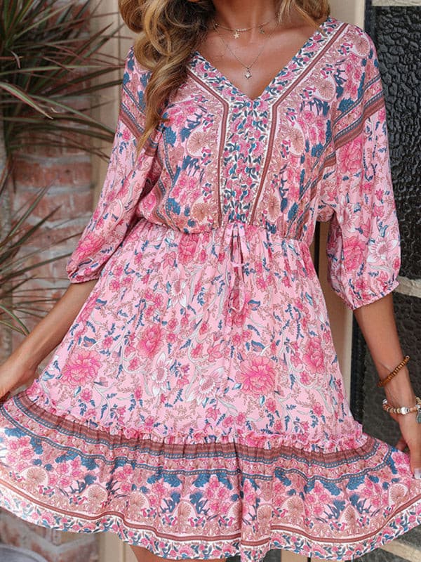 Women's Printed Vintage Loose Pink Dress kakaclo