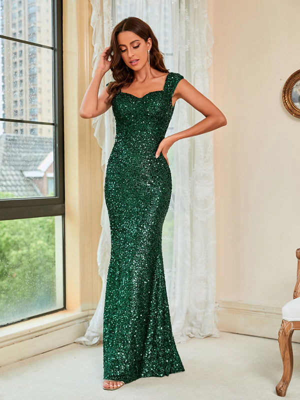 Women’s Sparkly Sequin Bodycon Maxi Dress With Sweetheart Neckline