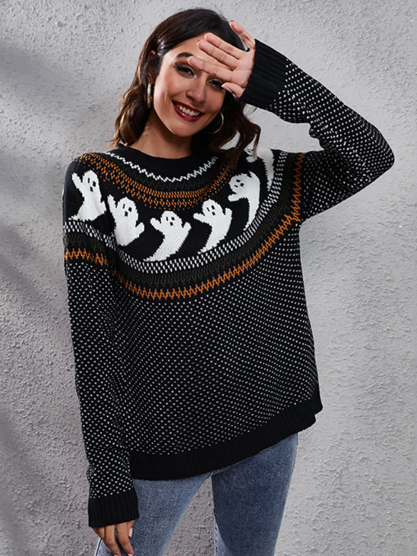Women's Halloween Ghost retro wave point long sleeve knitted sweater kakaclo