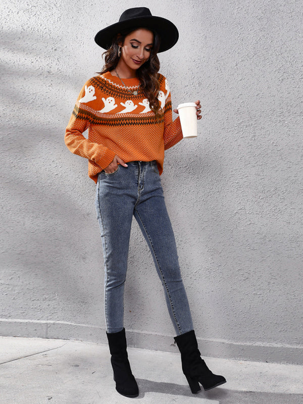 Women's Halloween Ghost retro wave point long sleeve knitted sweater kakaclo