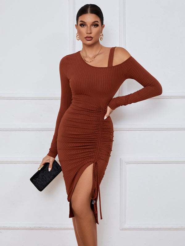Women’s Long Sleeve Off The Shoulder Neckline Dress With Extra Strap And Front Thigh Leg Slit kakaclo