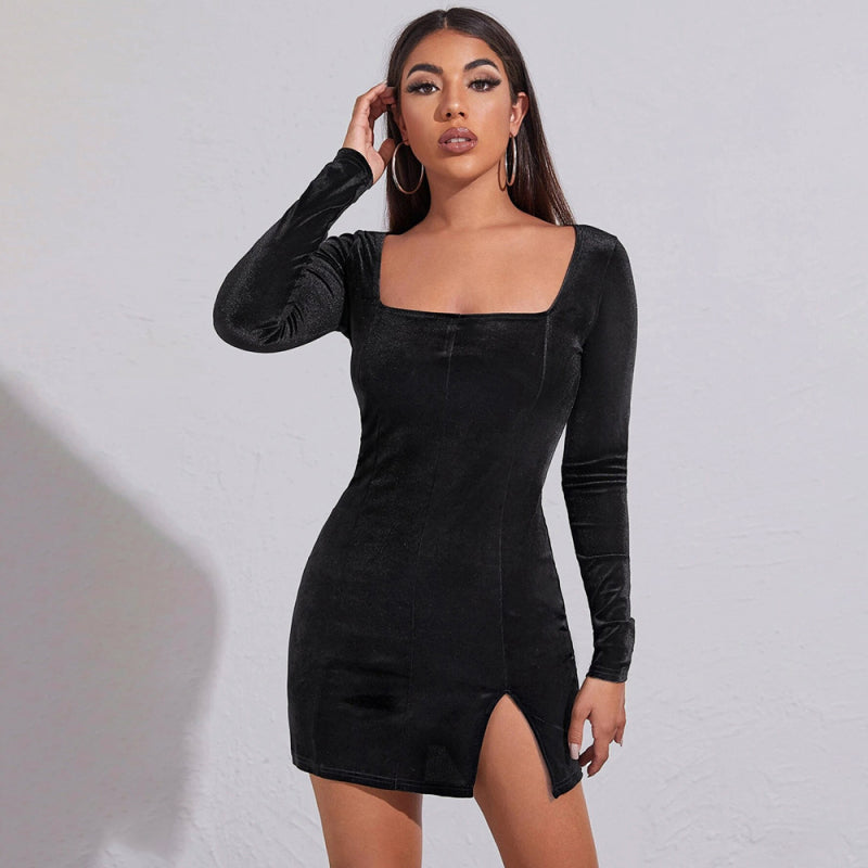 Women’s Square Neckline Long Sleeves Velvet Slit Minidress kakaclo