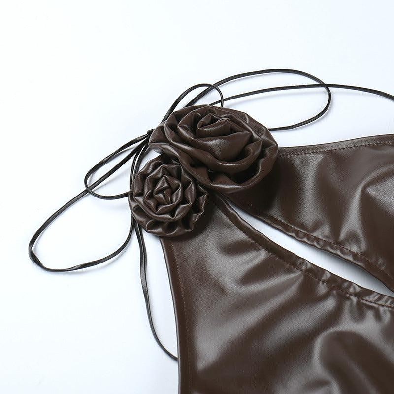 Leather Three-dimensional Flower Halter Sheath Dress