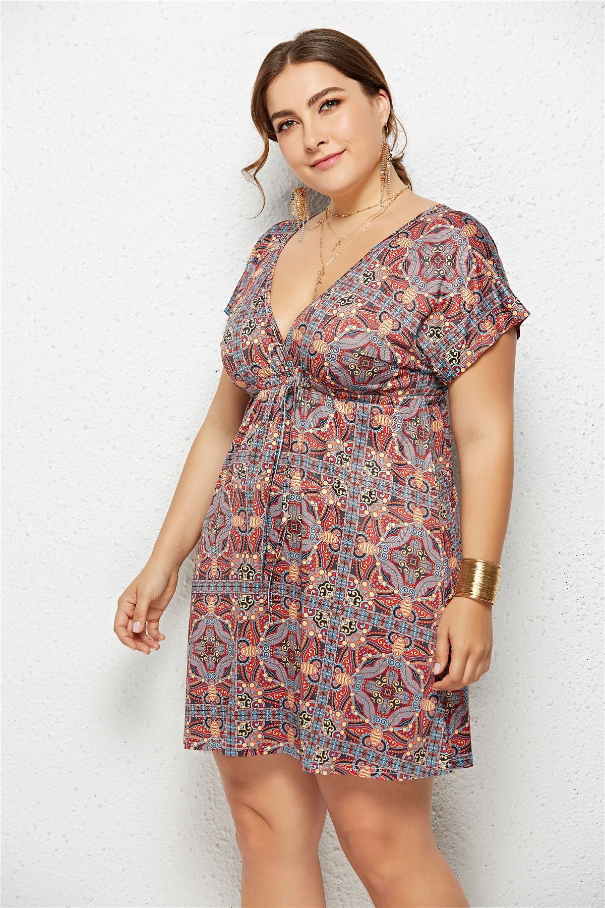 Plus Size Plus Size Sexy Deep V-neck Elastic Waist Printed Dress Holiday Home Wear  Women Clothing