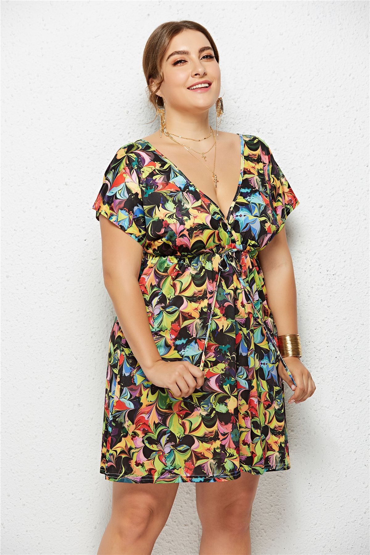 Plus Size Plus Size Sexy Deep V-neck Elastic Waist Printed Dress Holiday Home Wear  Women Clothing