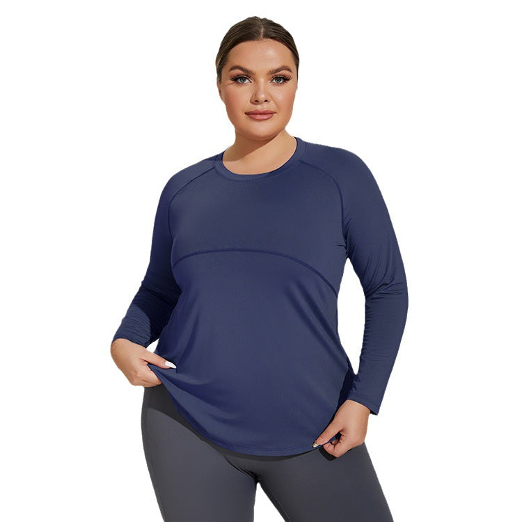 Plus Size Women Long Thigh Length Thin Yoga Wear Mesh Beauty Back Breathable Long Sleeve Running Fitness Top Sportswear