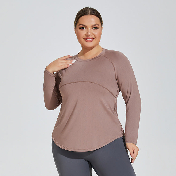 Plus Size Women Long Thigh Length Thin Yoga Wear Mesh Beauty Back Breathable Long Sleeve Running Fitness Top Sportswear