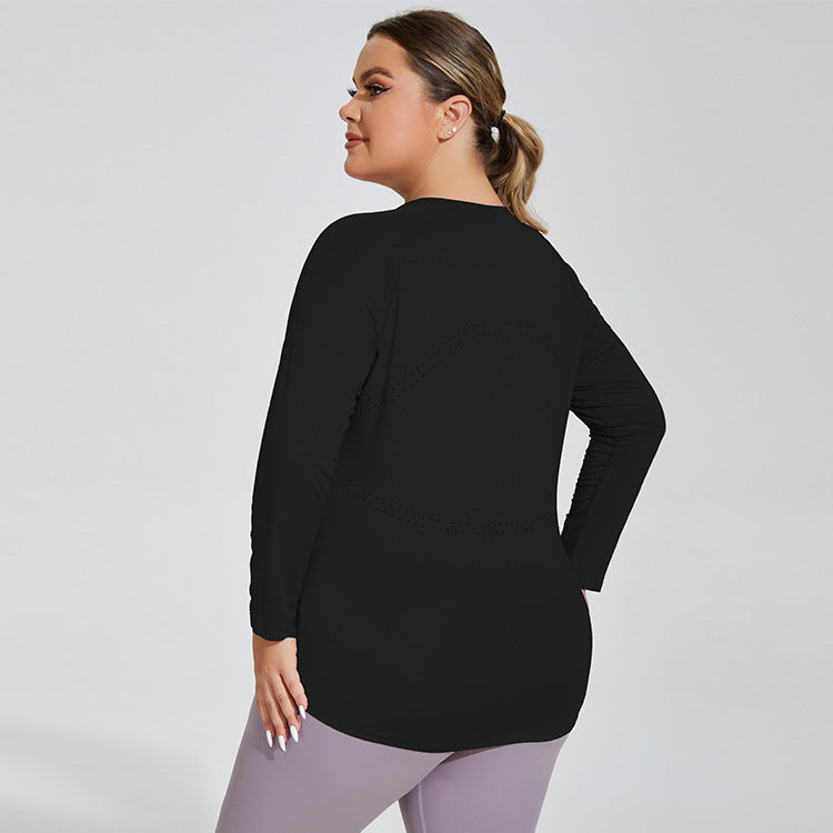 Plus Size Women Long Thigh Length Thin Yoga Wear Mesh Beauty Back Breathable Long Sleeve Running Fitness Top Sportswear