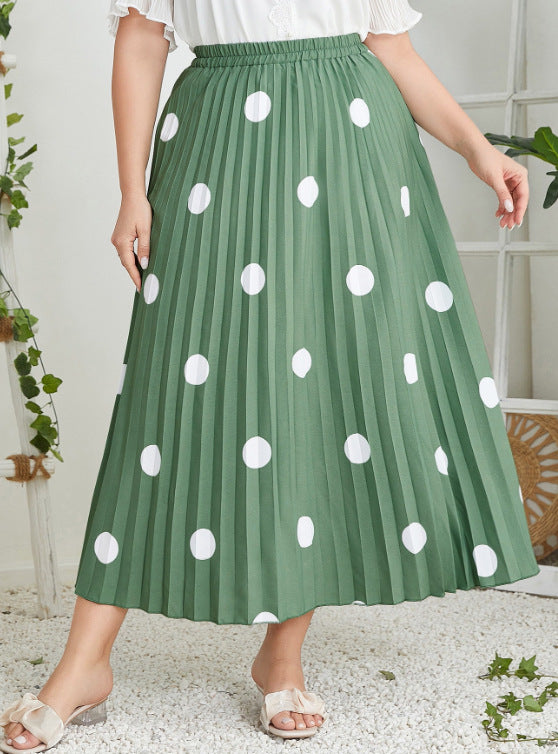 Plus Size High Waist Retro Office Dotted Prints Green Pleated Skirt