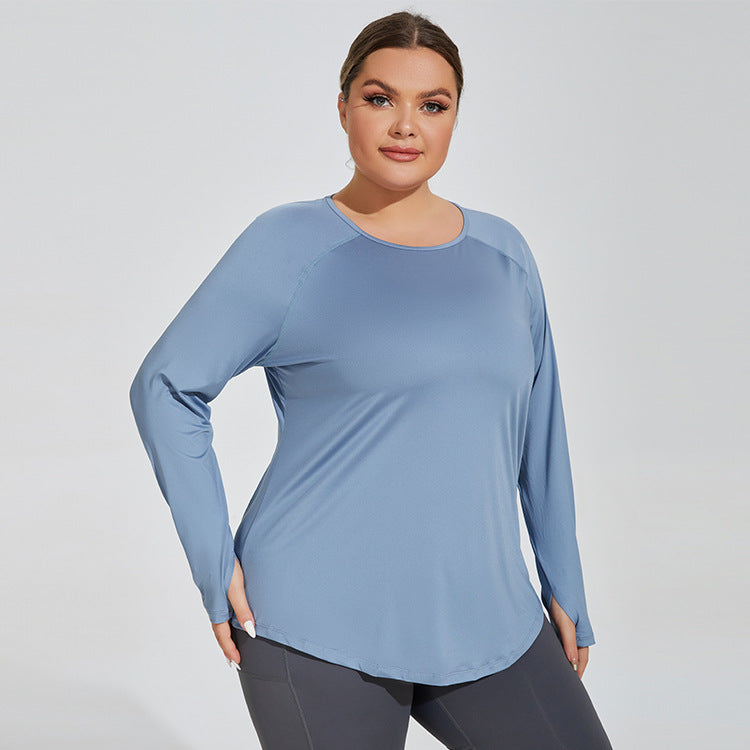 Plus Size Loose Thigh Length Thin Yoga Wear Mesh Beauty Back Breathable Long Sleeve Running Fitness Top Sportswear