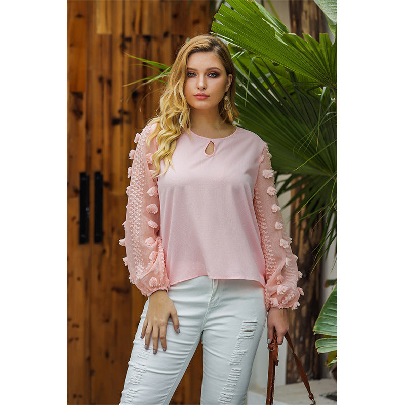 Plus Size Spring Summer Women Clothing T shirt Sweet Pink Lantern Sleeve Chiffon Shirt