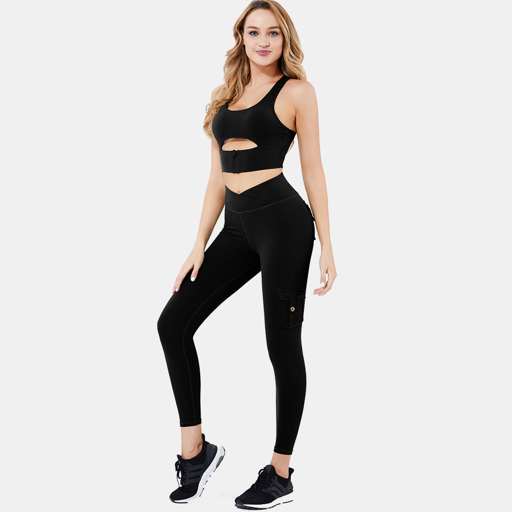 Women Yoga Set Padded Bra With Zipper High Waist Legging Yoga Cargo Pants With Pocket Set