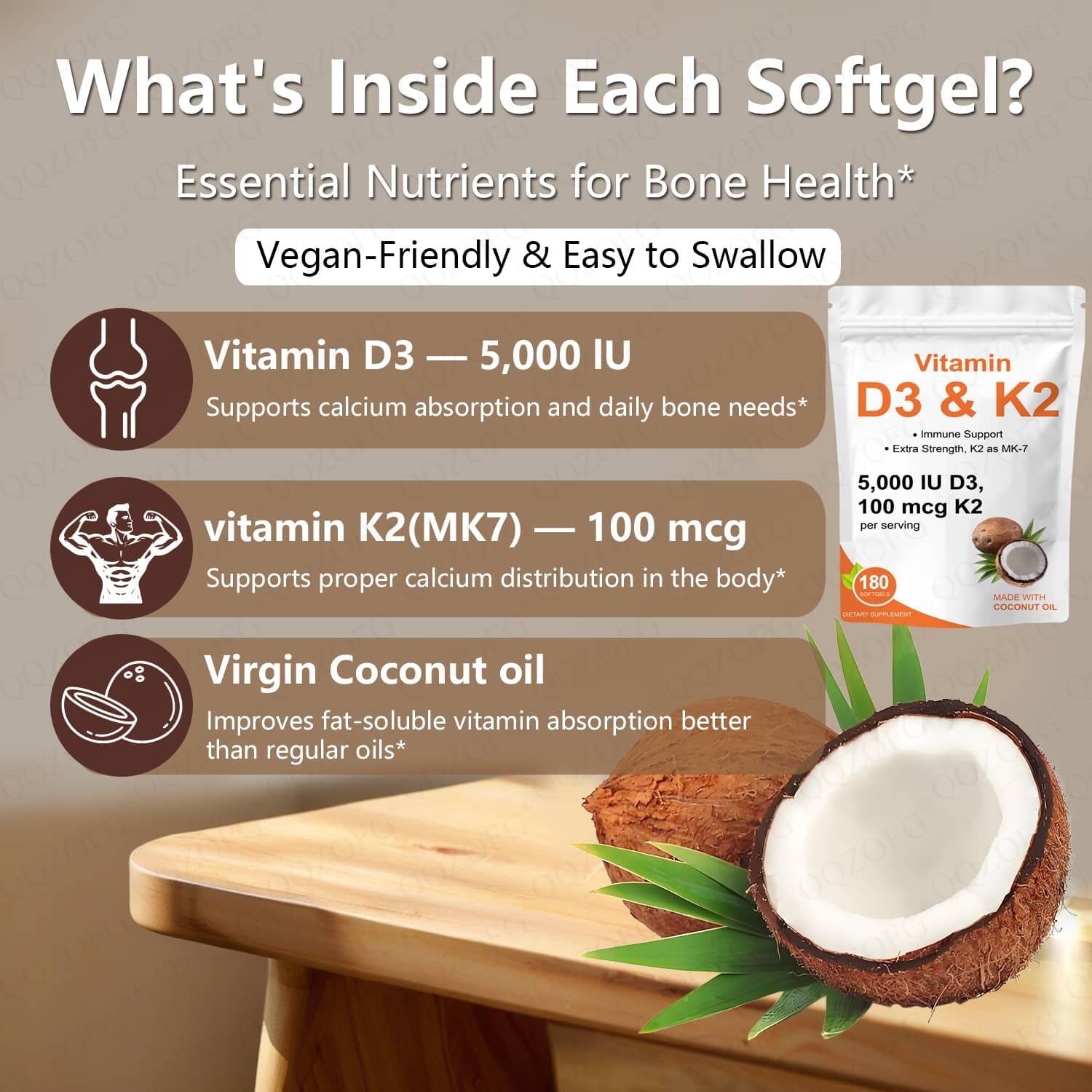 Hot Sales Vitamin D3k2 Softgels Immune & Heart Support With Coconut Oil 180 Count