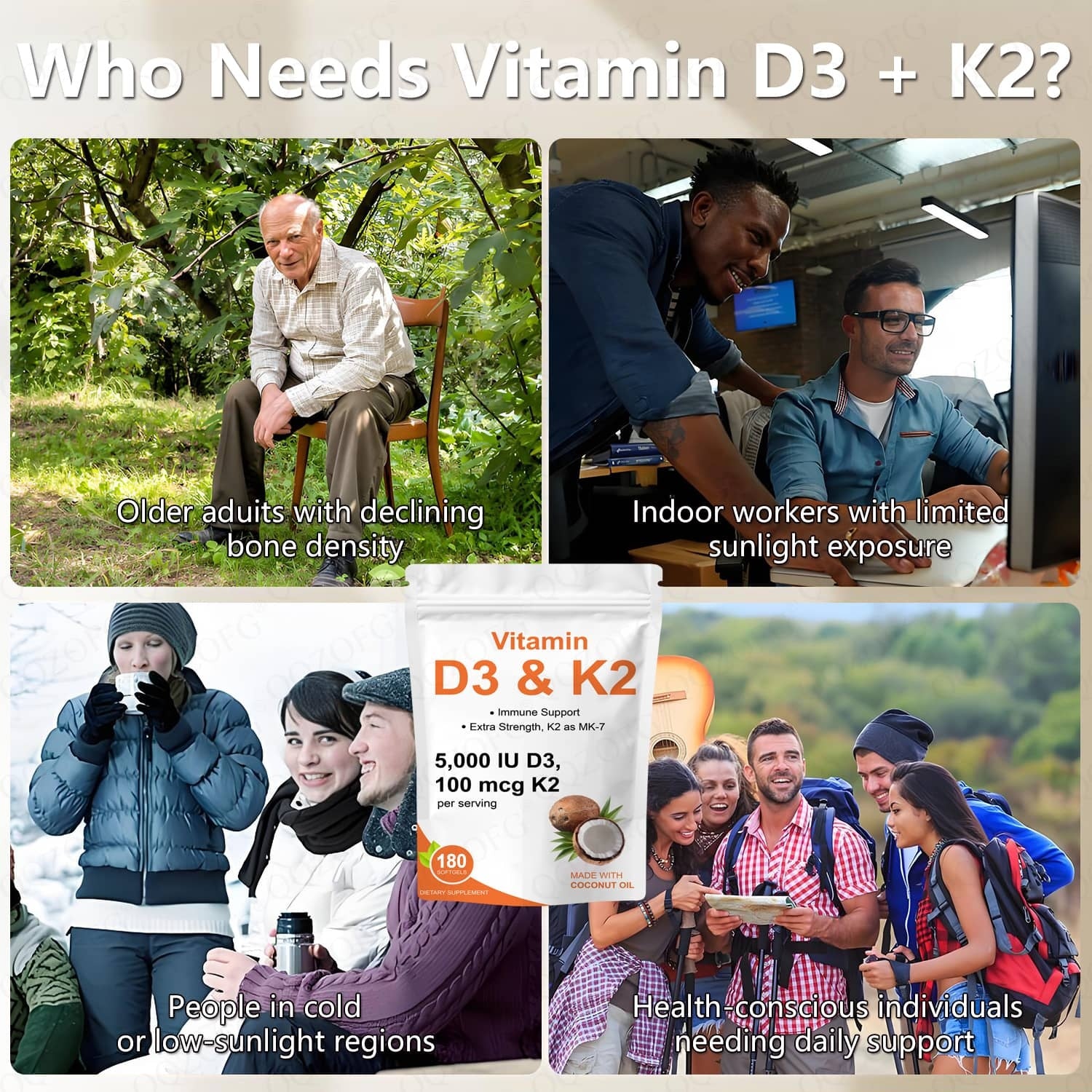 Hot Sales Vitamin D3k2 Softgels Immune & Heart Support With Coconut Oil 180 Count