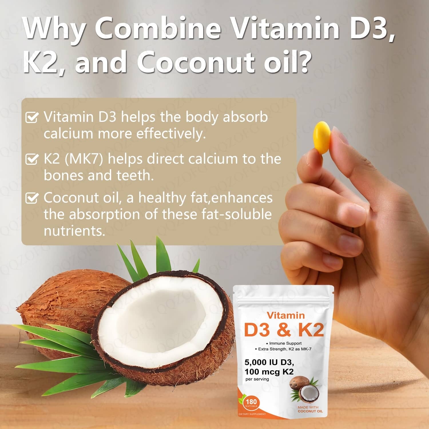 Hot Sales Vitamin D3k2 Softgels Immune & Heart Support With Coconut Oil 180 Count