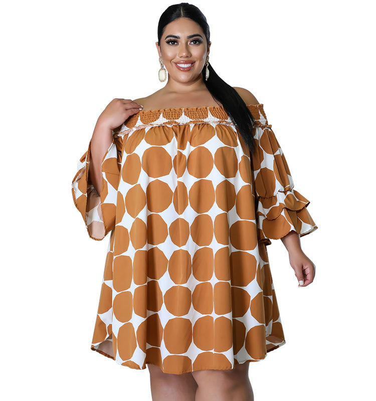 Plus Size Women Clothes Short Sleeve off Neck Elastic Printed Polka Dot Dress