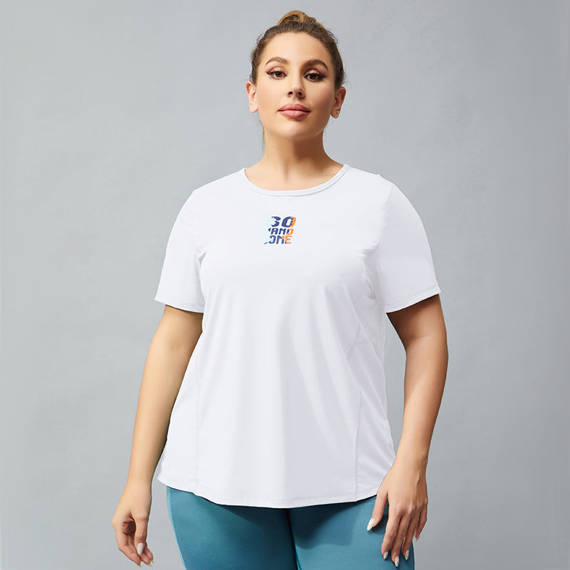 Plus Size Mesh Breathable Sports  T-shirt Quick-Drying Sweat Absorbent Yoga Jacket Solid Color Printing Fitness Short Sleeve