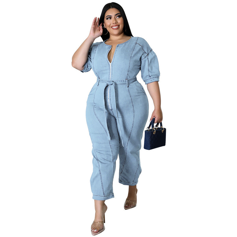 Plus Size Women Clothing Summer Short Sleeve Zipper Wash Denim Jumpsuit