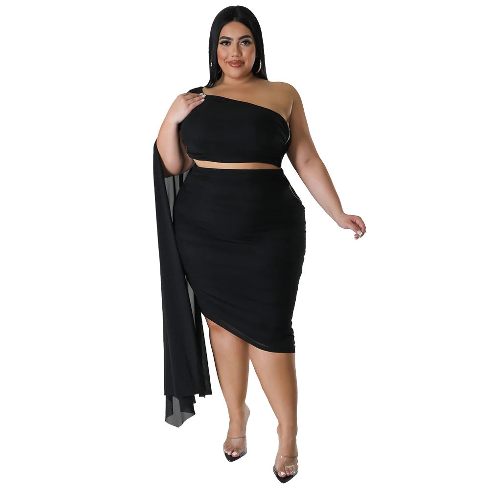 Plus Size  Women Wear High Elastic Diagonal Collar Long Train Sleeve Wrinkle Two Piece Set