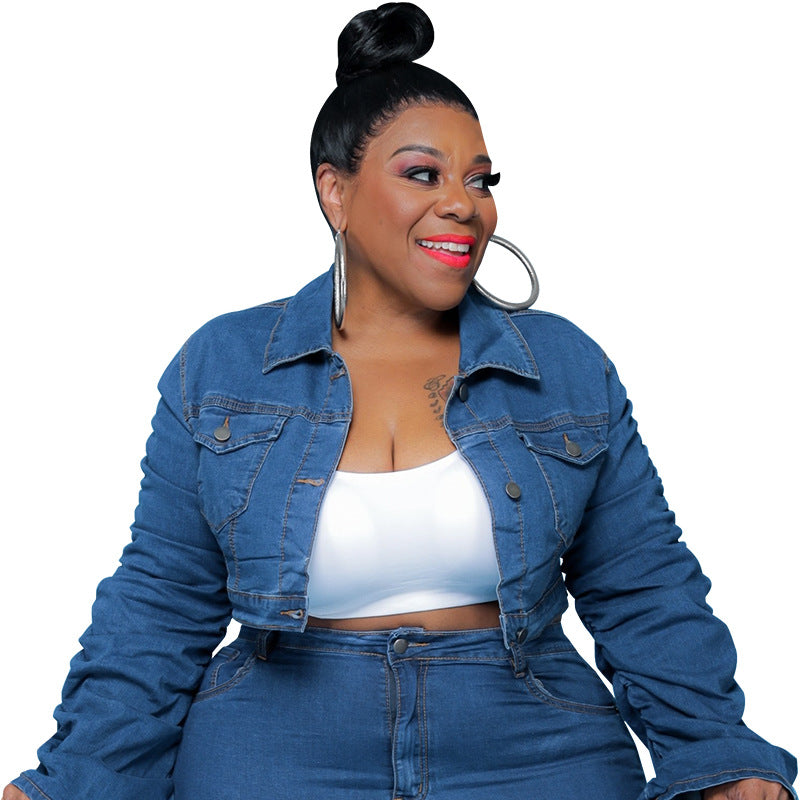 Plus Size Plus Size Women Clothing Autumn Winter Denim Two-Piece Suit Pleated Pile Pants