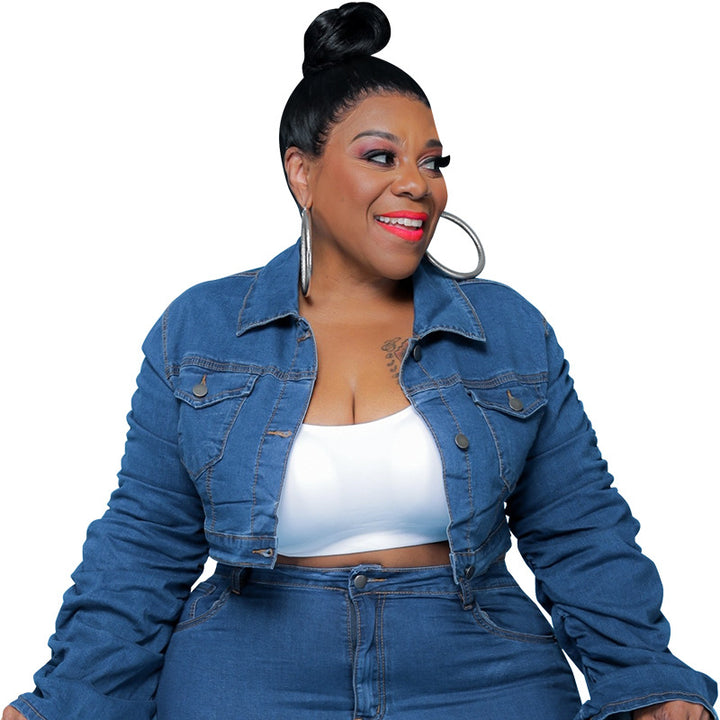 Plus Size Plus Size Women Clothing Autumn Winter Denim Two-Piece Suit Pleated Pile Pants