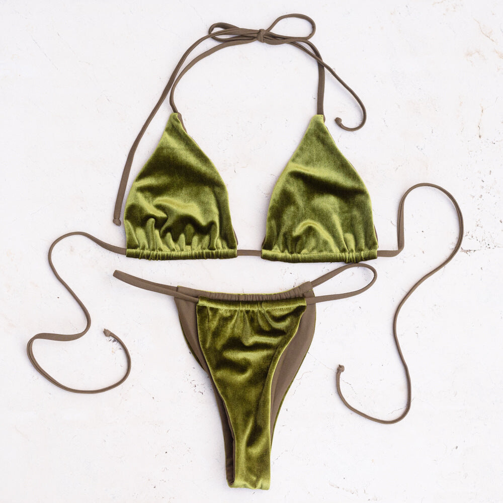 Bikini Swimsuit Gold Velvet Solid Color Swimsuit Women Sexy Triangle Split Swimwear Bikini