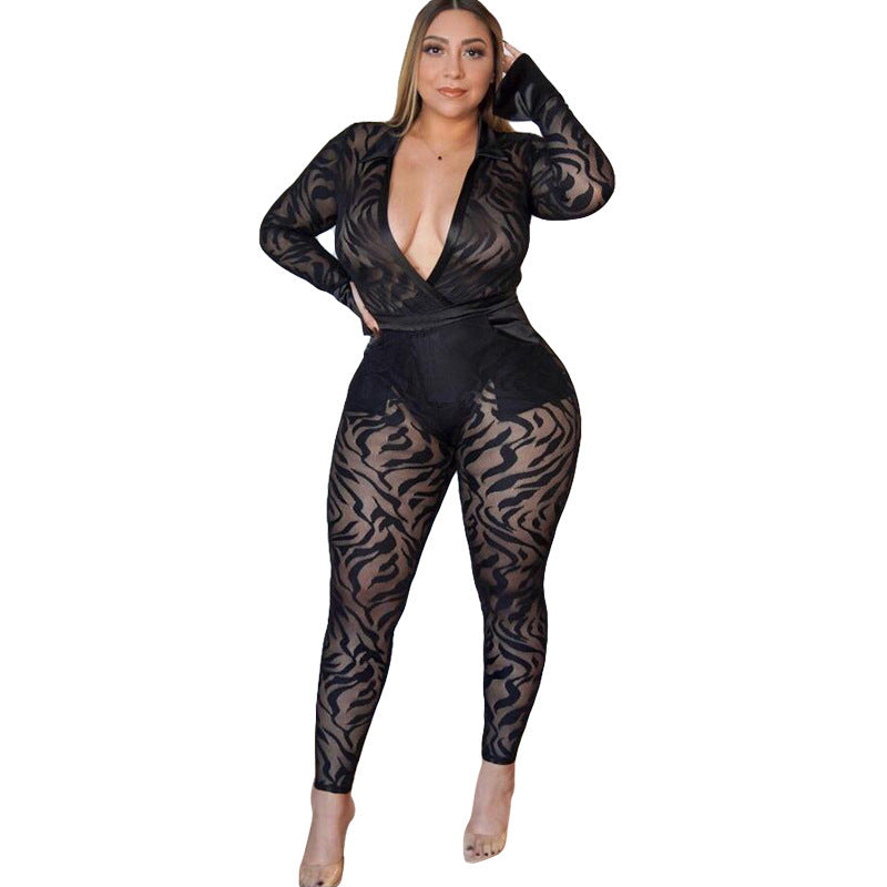 Plus Size Women Clothing Sexy See-through Polyester Mesh Flocking Striped Tight Casual Two-Piece Suit