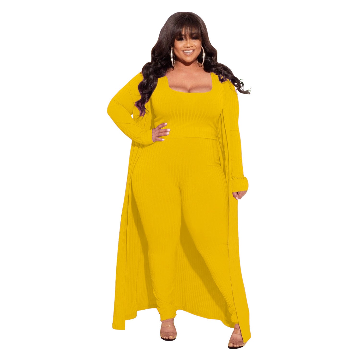 Plus Size Autumn Winter High Elastic Sunken Stripe Three Piece Sexy Suit