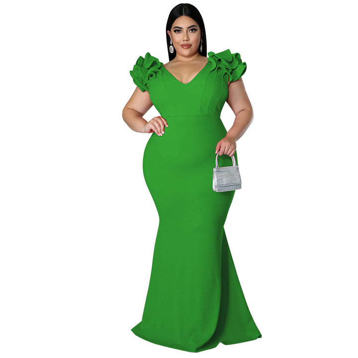 Plus Size Women Summer Sexy Ruffle Sleeve Sheath Backless Dress
