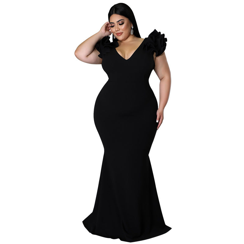 Plus Size Women Summer Sexy Ruffle Sleeve Sheath Backless Dress